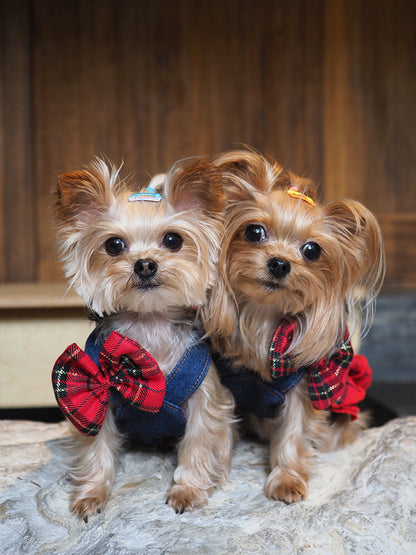 Original Denim Dog Dress Design with Blue Denim and Red Plaid Ruffled Skirt – Cute, Fashionable for Daily Wear, Outings, Special Occasions, Ideal for Keeping Your Pet Stylish and Comfortable for Pets