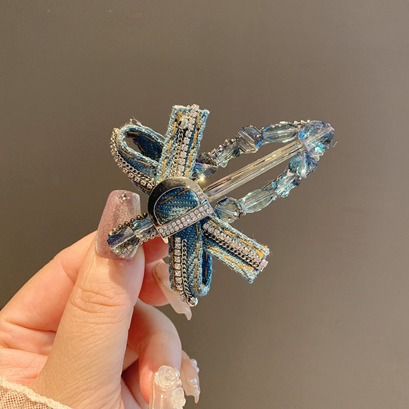 Trendy Denim Bow Hair Clips - Glamorous Sparkling Style Accessories for Women