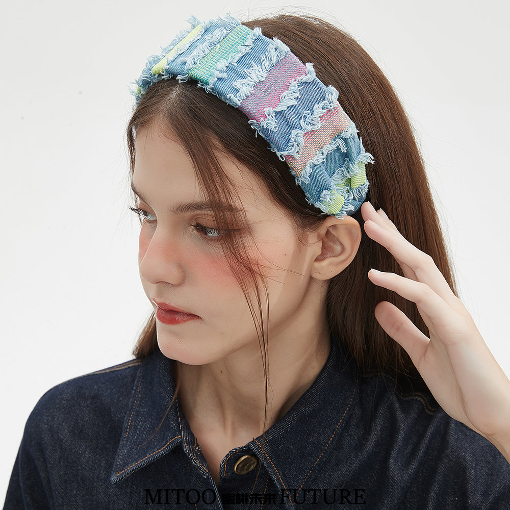 Original Colorful Frayed Denim Headband - Boho Chic Style, Perfect for Young Women