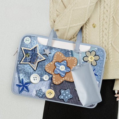 Denim Style PU Trendy Laptop Bag with Patchwork , Floral, and Star Appliqué - Creative, Artistic, Vintage Style, Laptop Protection, Organization, Statement Piece for Work, School, and Travel for Unisex