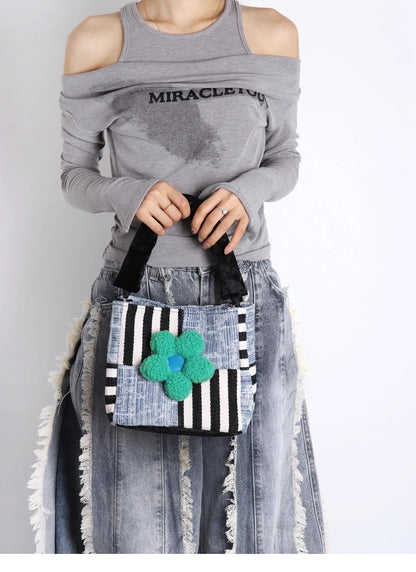 Original Denim Patchwork Handbag Design with Mixed Denim and Striped Fabric – Artistic, Eclectic for Casual Outings, Creative Styling, Statement Accessory, Ideal for Adding a Bold and Unique Touch to Any Outfit for Women