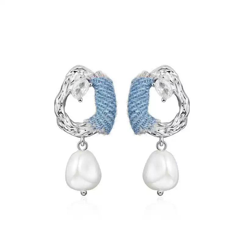 Original Denim Earrings Design with Blue Denim and Crystal Pearl Embellishments – Stylish, Elegant for Casual Outings, Special Occasions, Daily Wear, Ideal for Adding a Chic and Sophisticated Touch to Any Outfit for Women