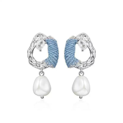 Original Denim Earrings Design with Blue Denim and Crystal Pearl Embellishments – Stylish, Elegant for Casual Outings, Special Occasions, Daily Wear, Ideal for Adding a Chic and Sophisticated Touch to Any Outfit for Women