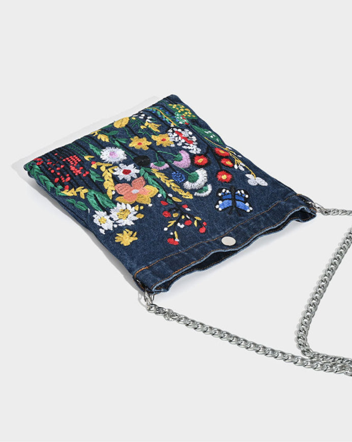 Trendy Floral Embroidered Denim Crossbody Bag - Artistic Bohemian Charm Design for Women