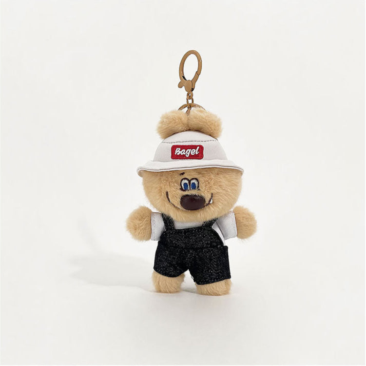 Original Plush Keychain with Fluffy White Plush Bear in Denim Overalls and Bucket Hat - Cute, Playful Design for Bags, Keys, and Accessories, Soft, Lightweight, Portable for Unisex