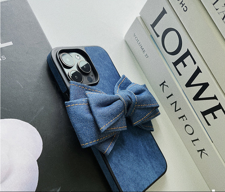 Denim fabric laminated with silicone Original Phone Case Design Large Bow Accent – Cute, Playful for Everyday Use, Casual Styling, Gift, Ideal for Elevating Your Phone’s Look with Fun and Protective Style for Women