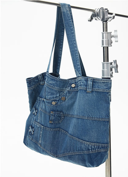 Trendy Recycled Denim Shoulder Bag - Vintage Patchwork Style, Sustainable, Eco-Friendly for Urban Women