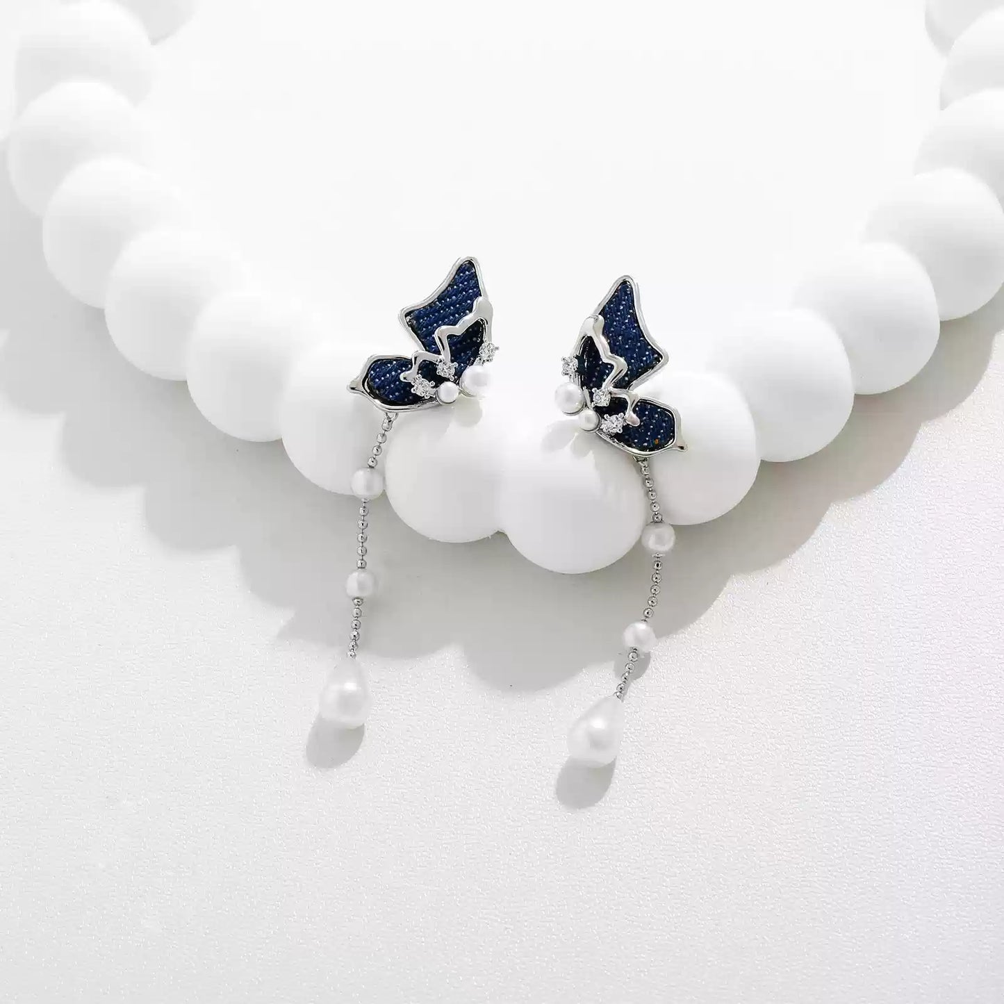 Original Denim Butterfly Earrings with Pearl Accents - Elegant and Feminine Design, Perfect for Special Occasions and Parties for Women