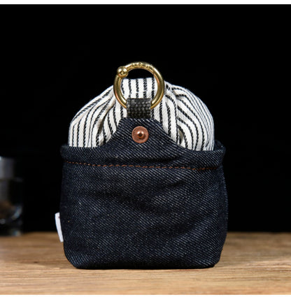 Original Denim Drawstring Pouch Design with Dark Blue Denim and Striped Canvas Top – Rustic, Vintage for Everyday Carry, Travel, Casual Use, Ideal for Keeping Small Essentials Secure in a Stylish Way for Unisex