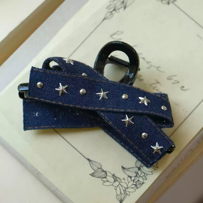 Trendy Dark Blue Denim Claw Clip with Embroidered Star Accents - Cute, Casual Design, Lightweight and Stylish for Everyday Wear, Casual Outings, and Hair Styling for Women