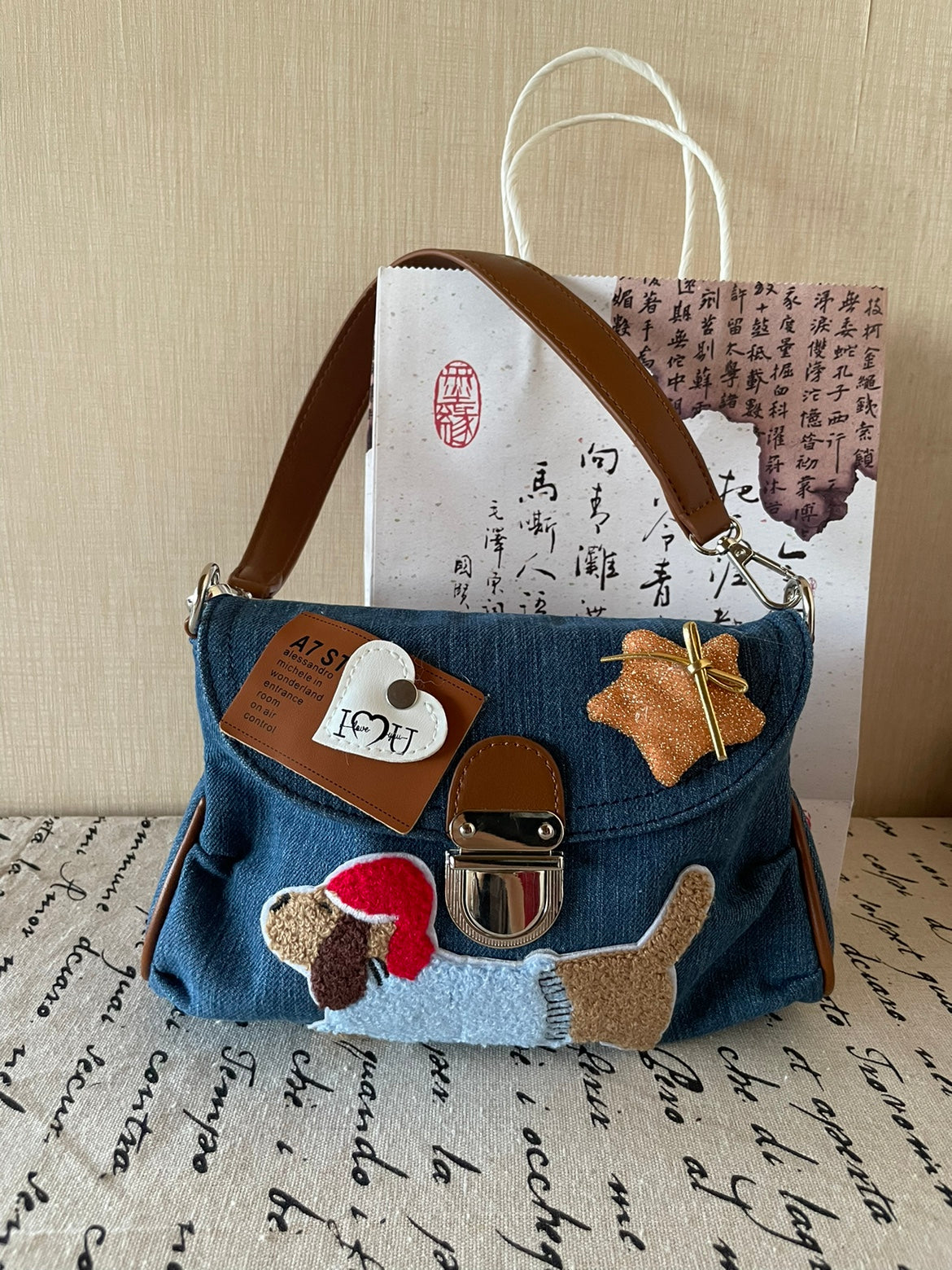 Original Denim Hand Bag with Dog Applique - Playful and Cute Design, Perfect for Daily Outings and Casual Activities  for Women