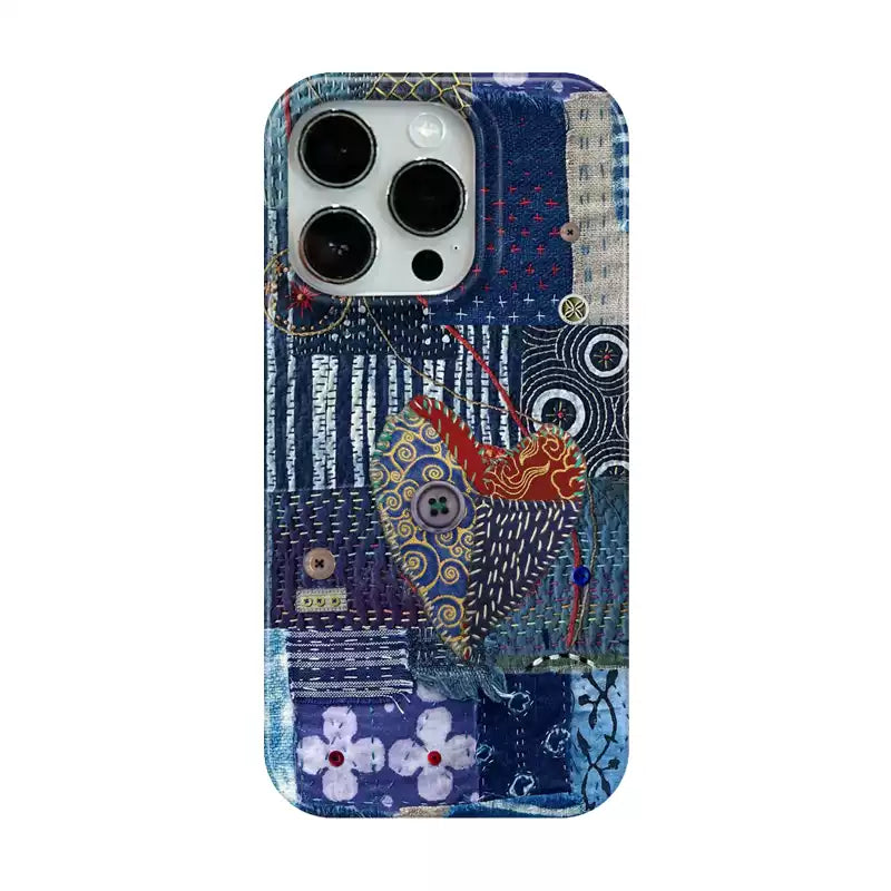 Denim Style Film PC Trendy Patchwork Heart Phone Case - Artistic, Colorful, Vibrant Design for Unisex