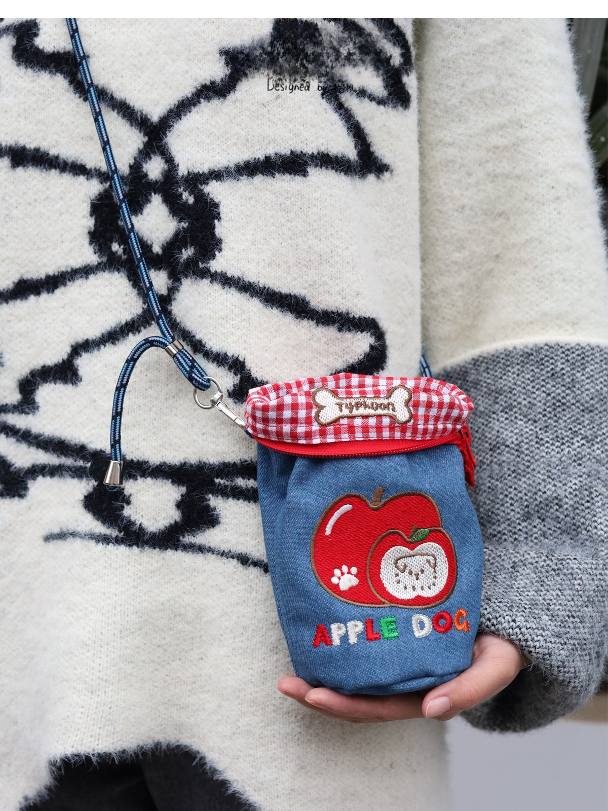 Original Denim Crossbody Pouch Design with Blue Denim, Red Gingham Top, and Apple Dog Embroidery – Playful, Cute for Daily Outings, Pet Accessories, Casual Use, Ideal for Keeping Pet Essentials Practical and Adorable for Women