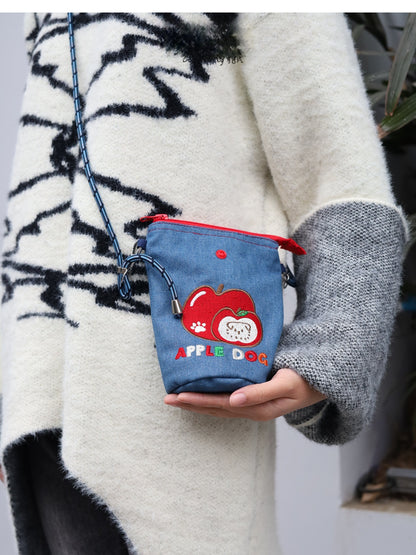 Original Denim Crossbody Pouch Design with Blue Denim, Red Gingham Top, and Apple Dog Embroidery – Playful, Cute for Daily Outings, Pet Accessories, Casual Use, Ideal for Keeping Pet Essentials Practical and Adorable for Women