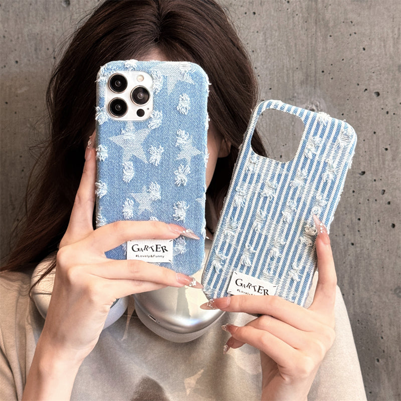 Denim fabric laminated with silicone Trendy Denim Texture Phone Case - Playful Star and Stripe Design for Young Women