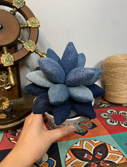 Trendy Denim Flower Arrangement with Denim Petals and Layered Succulent Flower Design - Rustic, Eco-Friendly Design for Home Decor, Garden-Themed Interiors, and Creative Gift Ideas, Durable, Stylish, Handcrafted for Unisex