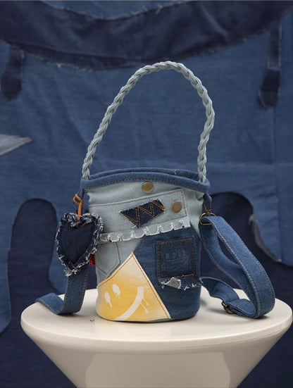 Original Patchwork Denim Bucket Bag - Playful Style Everyday Companion for Women