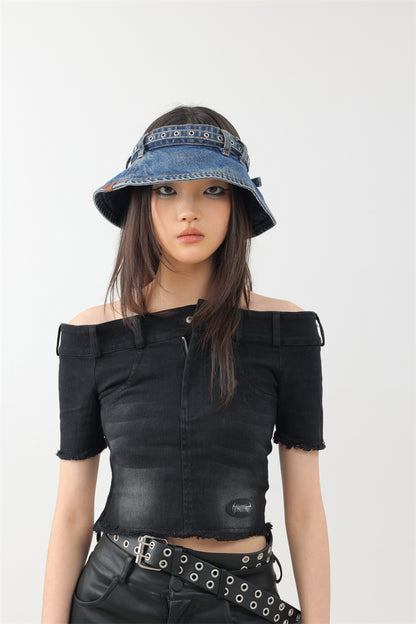 Original Denim Bucket Hat with Buckle Details - Trendy and Casual Design , Perfect for Casual Outings and Streetwear for Women