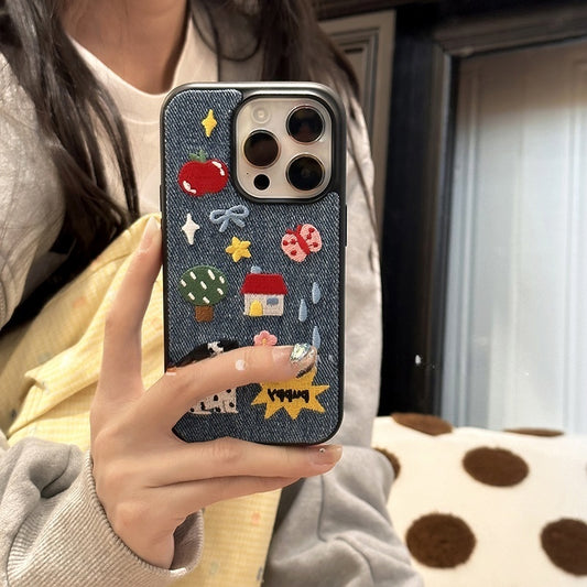 Denim fabric laminated with silicone Trendy Embroidered Phone Case - Playful, Personalized and Artistic Design for Women