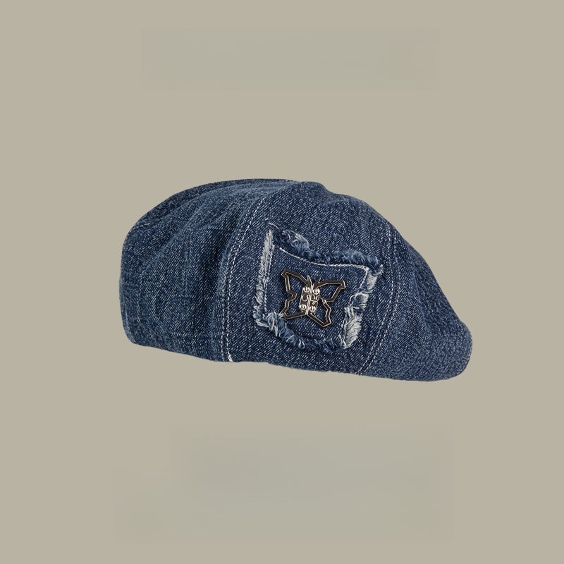 Trendy Blue Denim Beret with Distressed Butterfly Patch - Vintage, Chic Design , Lightweight and Stylish for Casual Outings, Chic Events, and Daily Wear for Women