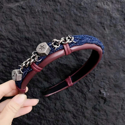 Original Denim Hairband with Metal Charms - Edgy and Trendy Design, Perfect for Casual Wear and Fashion Accessories for Women