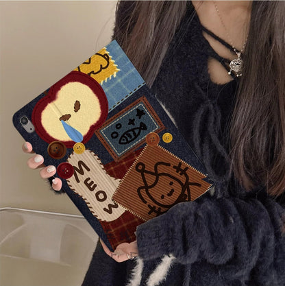 Denim Style TPU Patchwork Trendy Patchwork iPad Folio - Cute Cartoon Design, Durable and Stylish for Work, Study, and Leisure, Ideal for Unisex