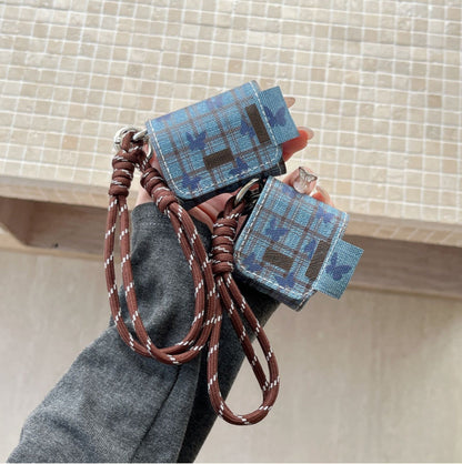 Original Denim Earphone Case with Blue Plaid Denim and Brown Rope Strap – Trendy, Protective, Functional Design for Everyday Use, Organizing, Key Storage, Ideal for Carrying Your Earphones in a Convenient and Stylish Way for Unisex