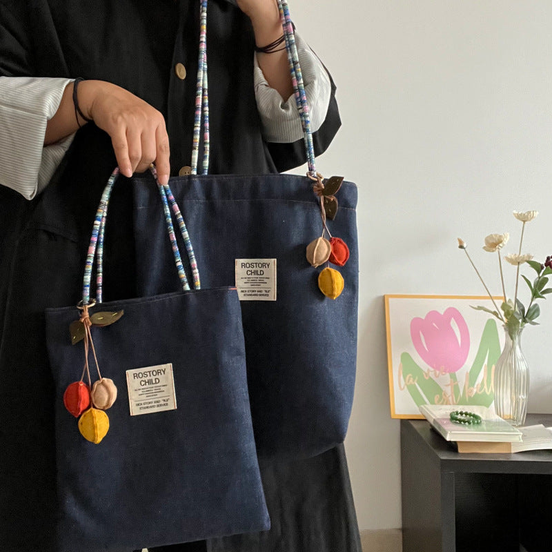 Original Gingham and Navy Shoulder Bags with Pom-Pom Accents - Stylish and Practical Design, Ideal for Daily Outings and Shopping for Women