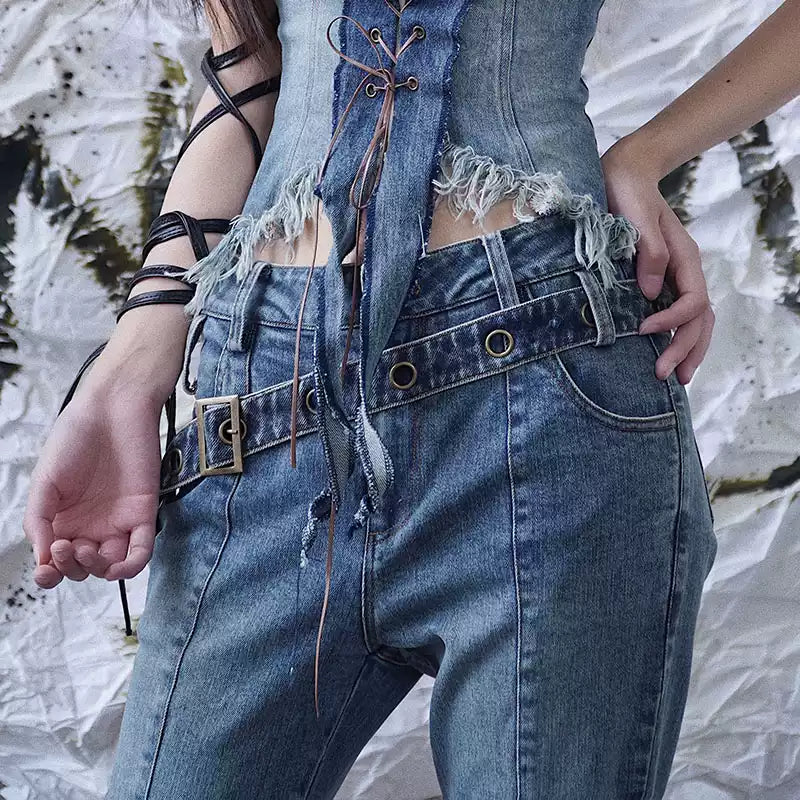 Original Denim Eyelet Belt with Brass Buckle - Trendy and Casual Design, Ideal for Daily Wear and Streetwear for Women