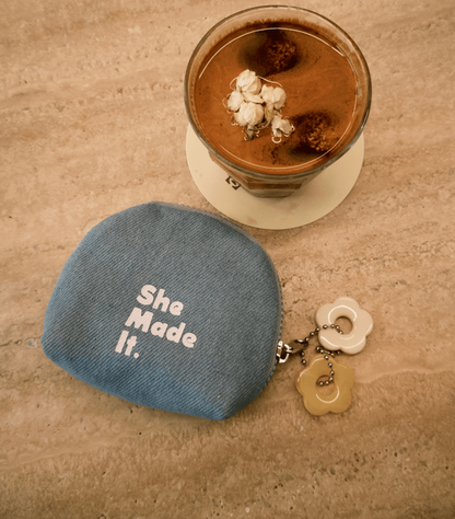 Original Denim Storage Pouch with Light Blue Denim, Embroidered Text, and Flower Keychain Charm - Minimalist, Cute, Functional Style, Ideal for Storing Daily Essentials and Accessories  for Women