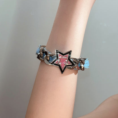 Original Denim Star Necklace and Bracelet Set Design with Silver Chain and Pink Star Charms – Trendy, Edgy for Casual Wear, Street Style, Fashion Accessories, Ideal for Adding a Bold and Stylish Touch to Your Outfit for Women