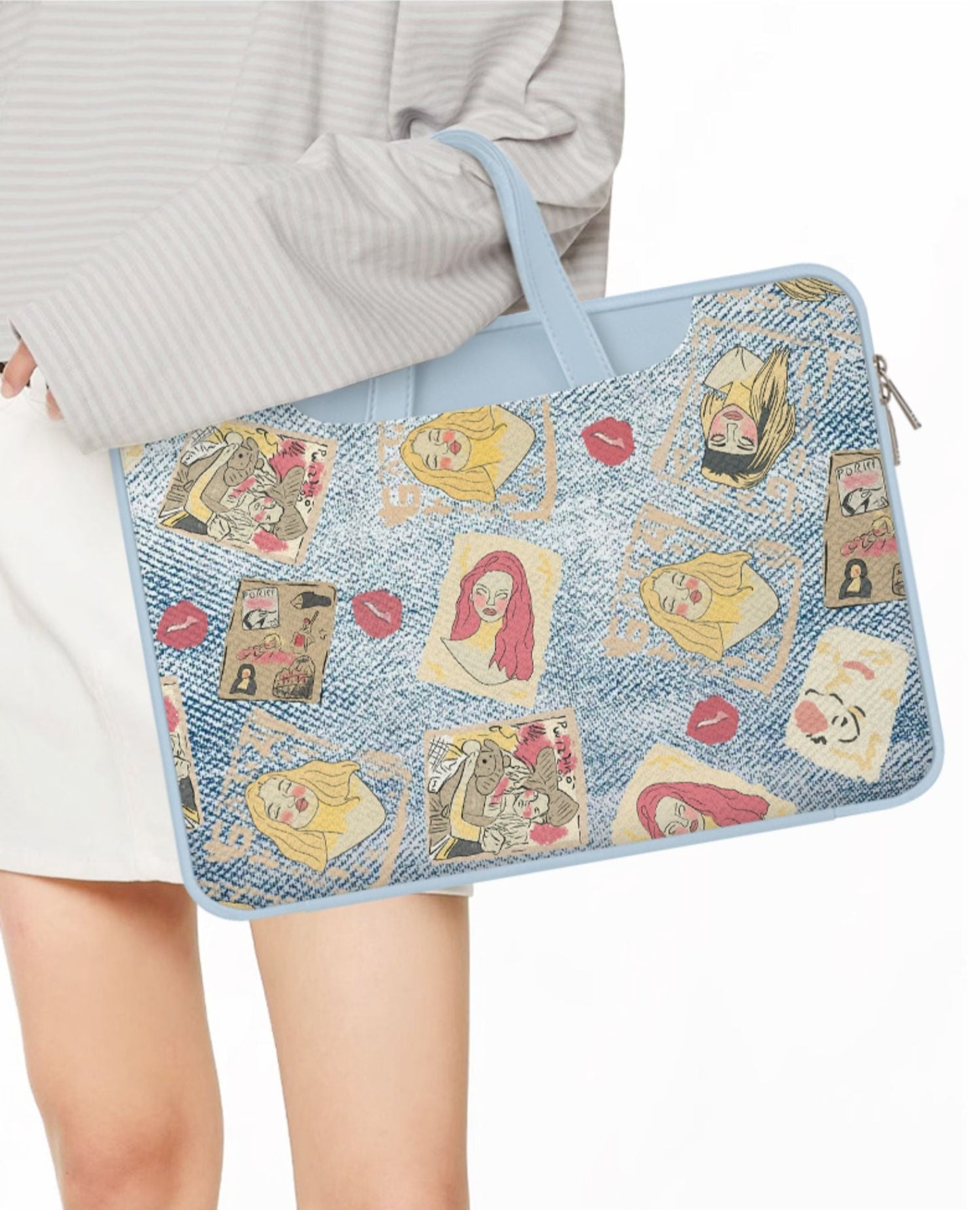 Denim Style PU Original Laptop Bag Design with Light Blue Denim and Printed Illustrations – Quirky, Trendy for Work, Travel, Daily Use, Ideal for Carrying Your Tech and Essentials with Playful Style for Unisex