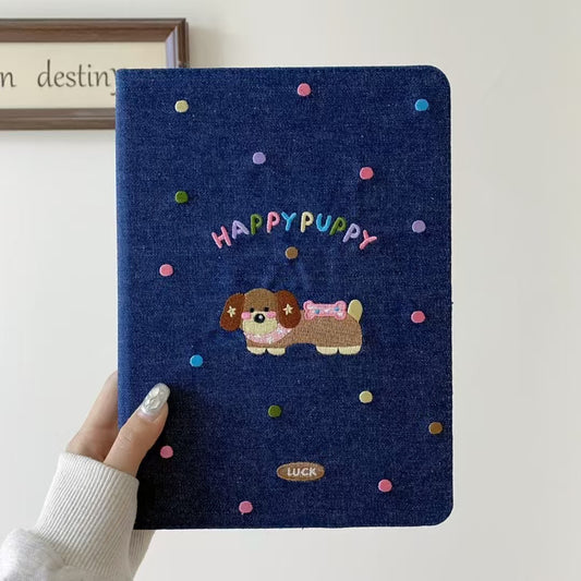 Original Denim Tablet Case Design with Cute Cat Embroidery and Colorful "HAPPY CAT" Text – Playful, Cute for School, Work, Personal Use, Ideal for Adding Fun and Durability to Your Note-Taking Essentials for Unisex