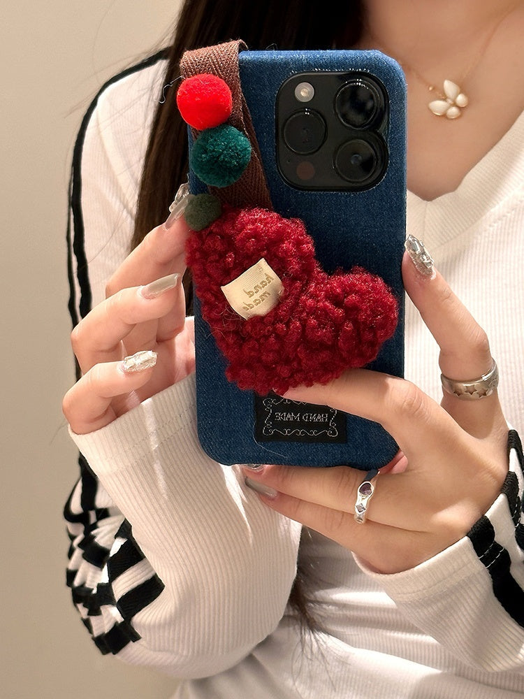 Denim fabric laminated with TPU Original Phone Case with Pom-Pom Accents - Playful and Artistic Design, Ideal for Everyday Use and Casual Outings for Women