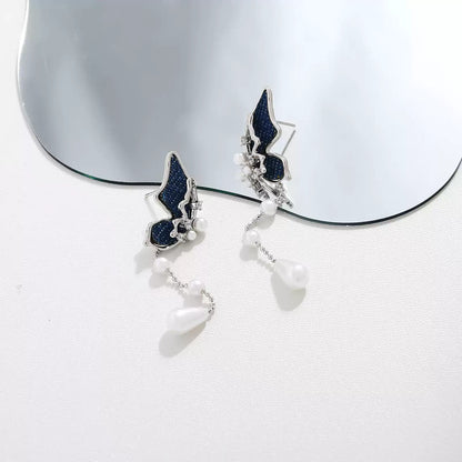 Original Denim Butterfly Earrings with Pearl Accents - Elegant and Feminine Design, Perfect for Special Occasions and Parties for Women