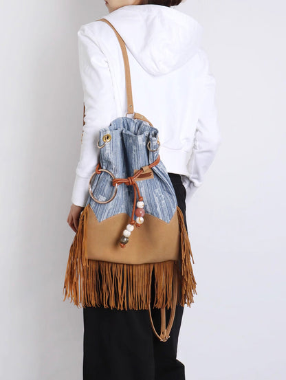 Original Denim Shoulder Bag Fringe Backpack Style with Tan Faux Suede Fringe Details – Bohemian, Vintage, Eclectic for Casual Outings, Festivals, Travel, Ideal for Spacious and Unique Style for Women