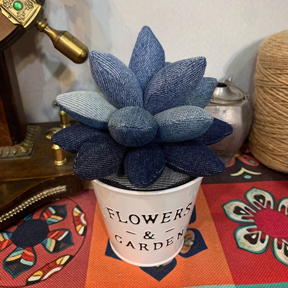 Trendy Denim Flower Arrangement with Denim Petals and Layered Succulent Flower Design - Rustic, Eco-Friendly Design for Home Decor, Garden-Themed Interiors, and Creative Gift Ideas, Durable, Stylish, Handcrafted for Unisex