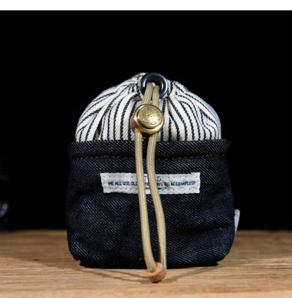 Original Denim Drawstring Pouch Design with Dark Blue Denim and Striped Canvas Top – Rustic, Vintage for Everyday Carry, Travel, Casual Use, Ideal for Keeping Small Essentials Secure in a Stylish Way for Unisex