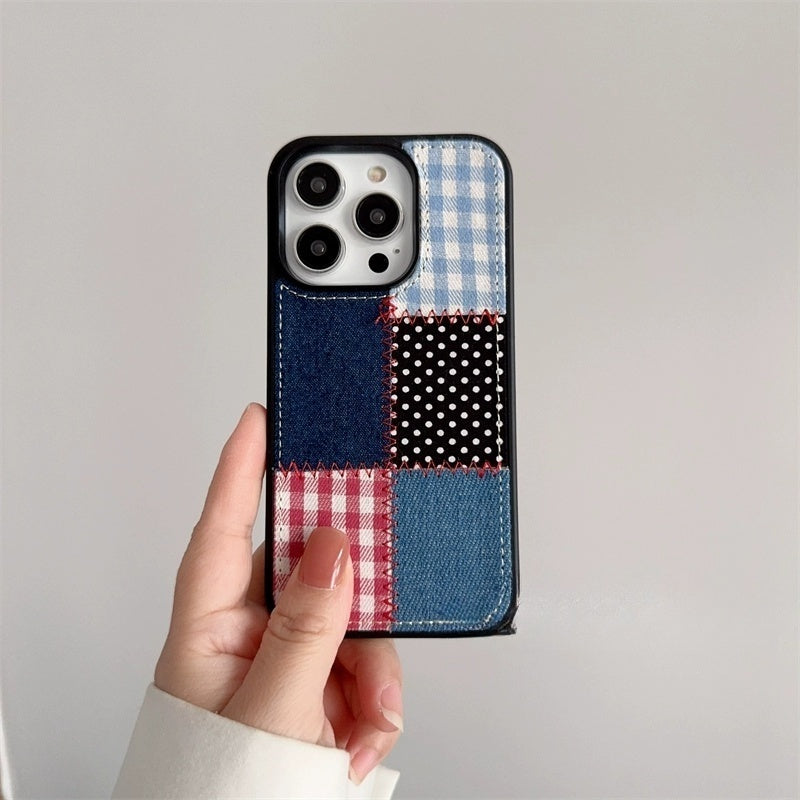 Denim fabric laminated with acrylic Trendy Patchwork Phone Case - Playful Vintage Design, Lightweight, Unique for Unisex