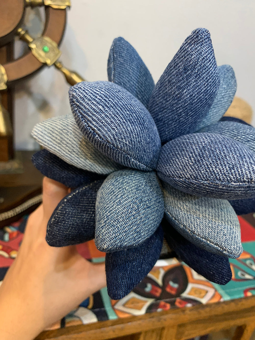 Trendy Denim Flower Arrangement with Denim Petals and Layered Succulent Flower Design - Rustic, Eco-Friendly Design for Home Decor, Garden-Themed Interiors, and Creative Gift Ideas, Durable, Stylish, Handcrafted for Unisex