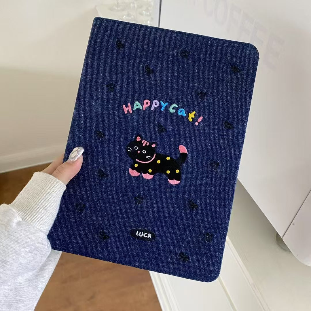 Original Denim Tablet Case Design with Cute Cat Embroidery and Colorful "HAPPY CAT" Text – Playful, Cute for School, Work, Personal Use, Ideal for Adding Fun and Durability to Your Note-Taking Essentials for Unisex