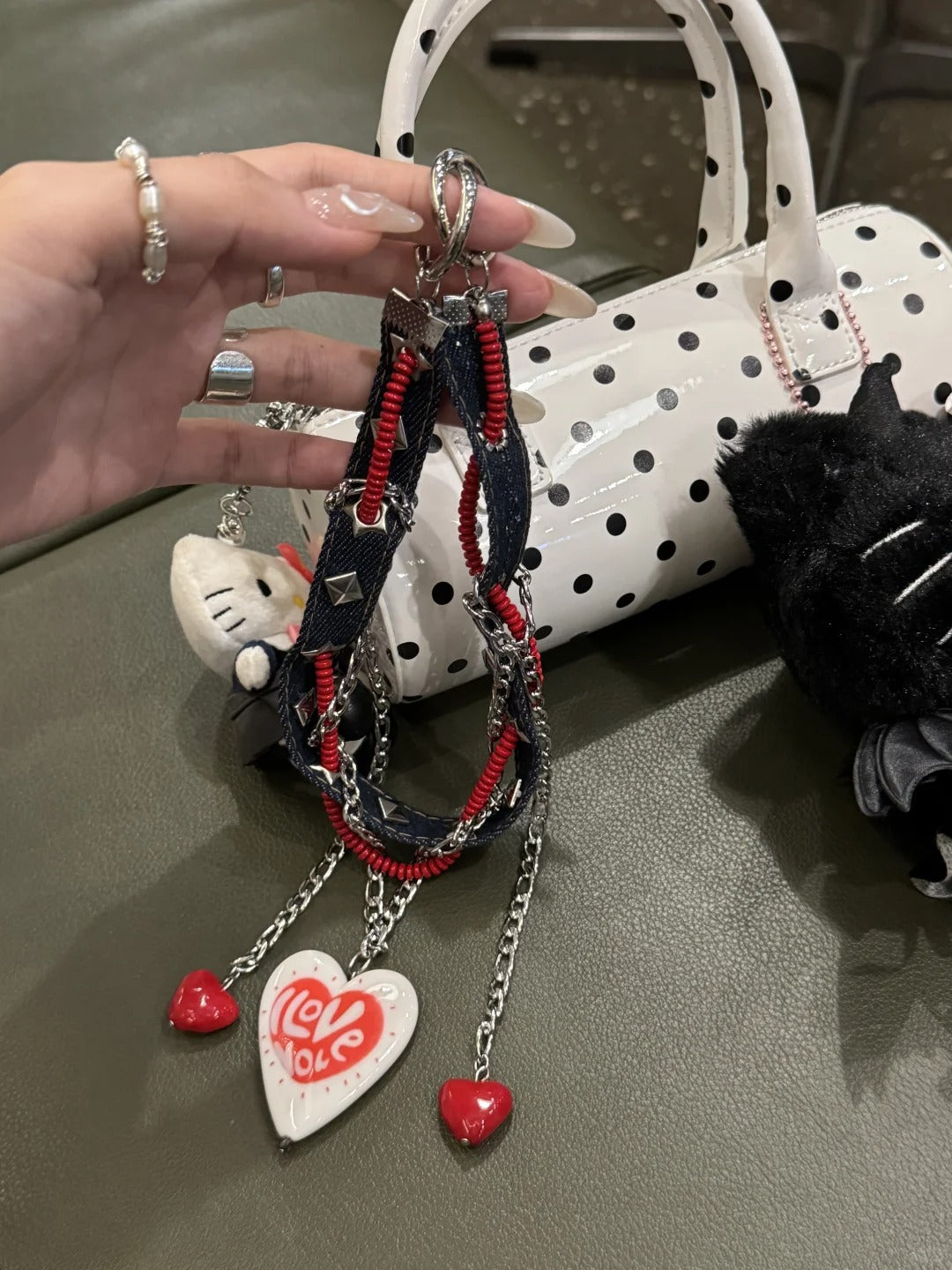 Original Denim Bracelet Design with Blue Denim, Red and Silver Chain Accents, and "Love" Heart Charm – Edgy, Romantic for Casual Wear, Gift, Parties, Ideal for Adding a Trendy and Expressive Accessory to Your Wrist for Women