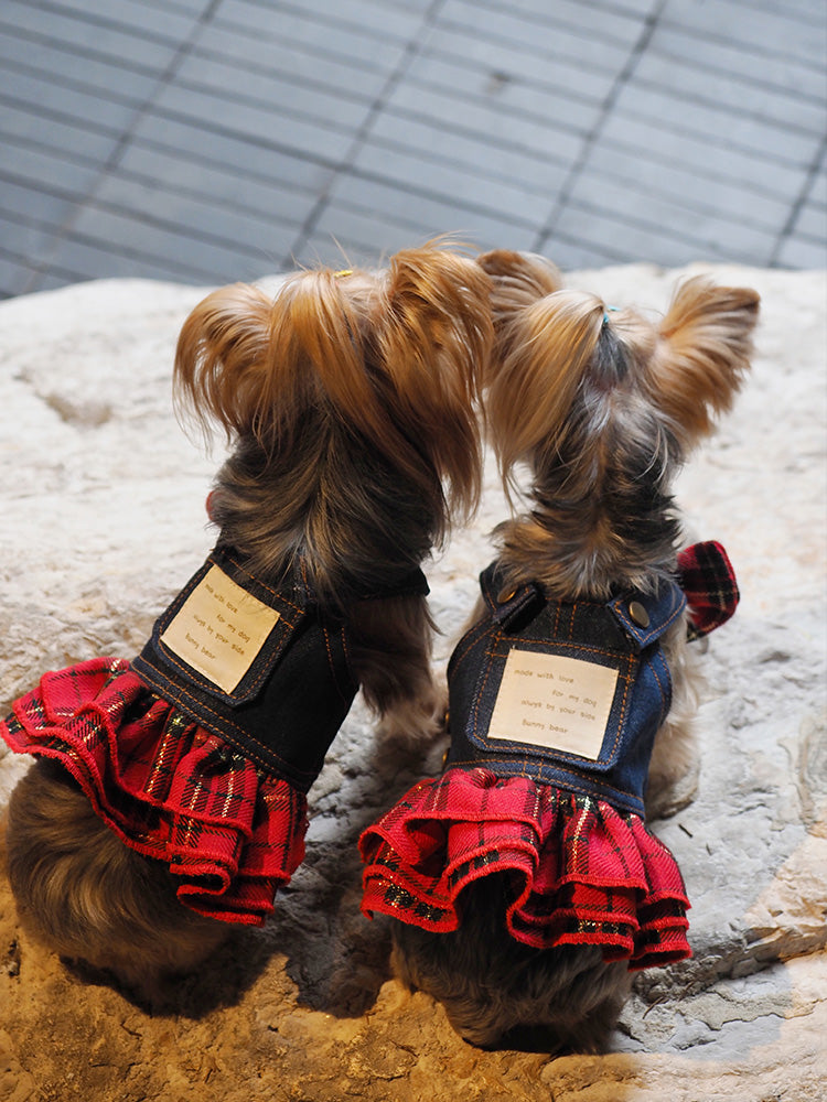 Original Denim Dog Dress Design with Blue Denim and Red Plaid Ruffled Skirt – Cute, Fashionable for Daily Wear, Outings, Special Occasions, Ideal for Keeping Your Pet Stylish and Comfortable for Pets