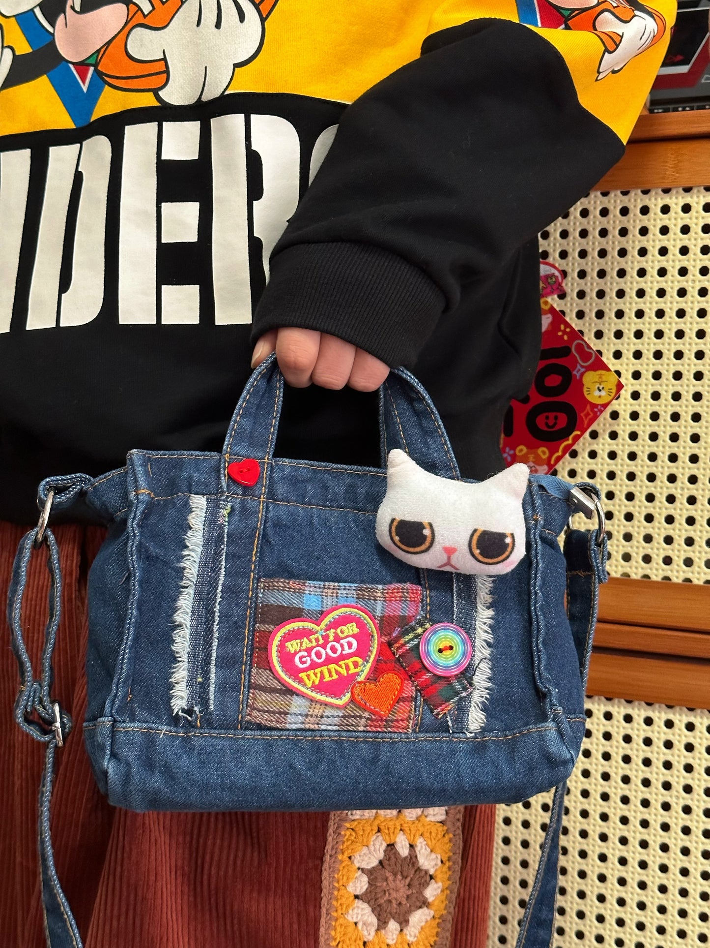 Original Denim Crossbody Bag with Cute Patches for Women - Youthful Casual Style, Compact and Lightweight for Unisex