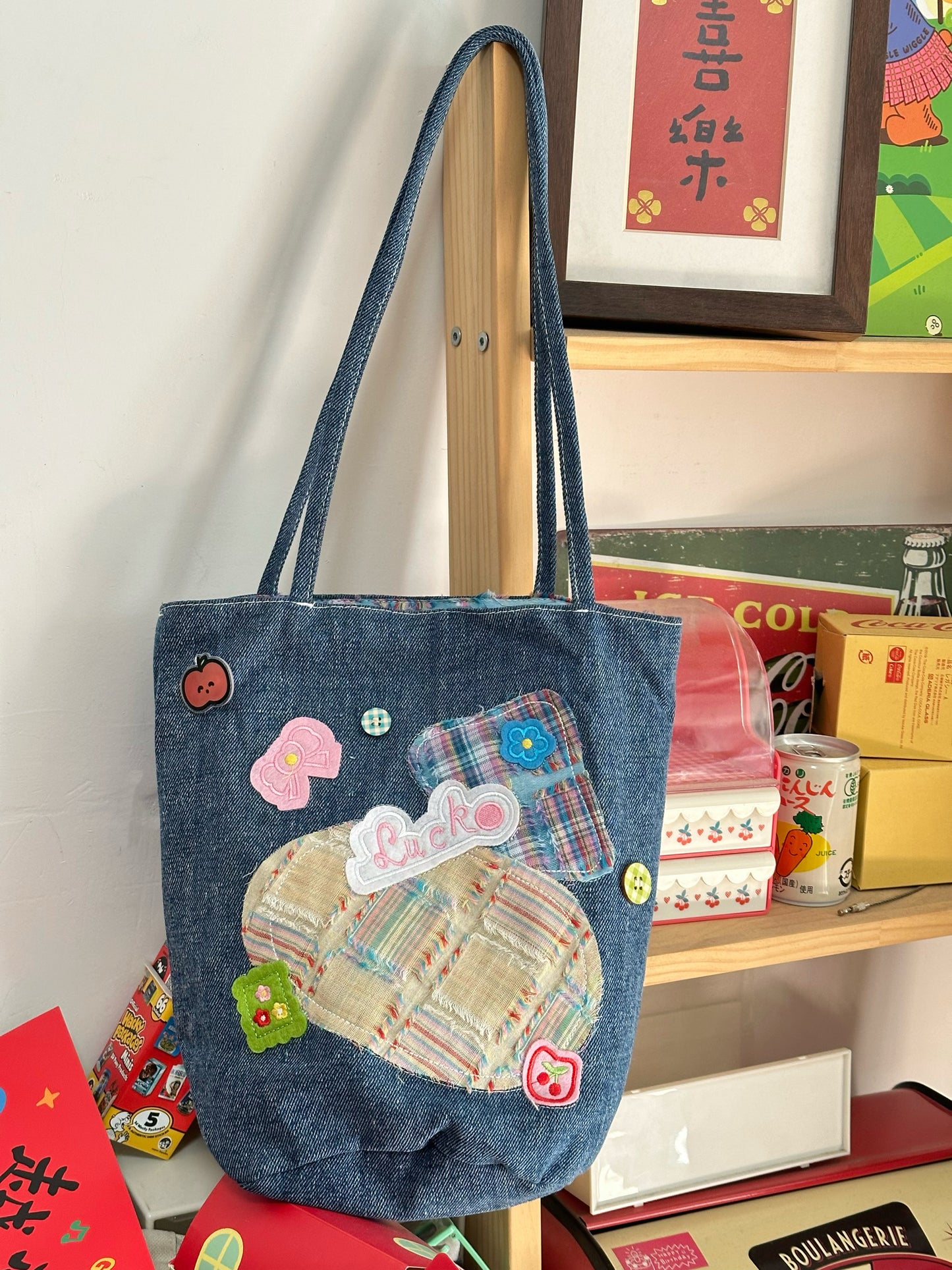 Original Denim Tote Bag with Colorful Patchwork Design - Fun and Casual Style, Ideal for Daily Outings and Light Shopping for Women