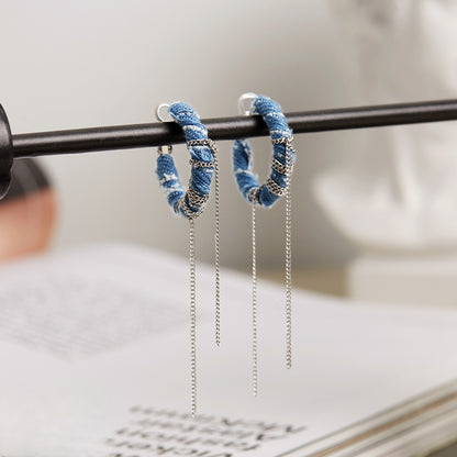 Original Denim Hoop Earrings Design with Blue Denim Wrapped Around Silver Chain and Hanging Silver Chains – Trendy, Edgy for Casual Wear, Fashion Accessories, Parties, Ideal for Adding a Stylish and Versatile Touch to Your Look for Women