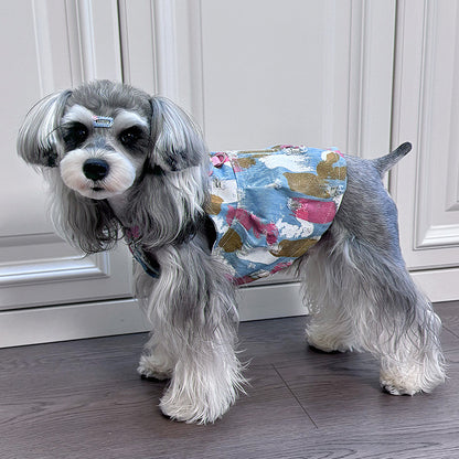 Original Denim Dog Vest Design with Blue Denim and Colorful Abstract Print – Stylish, Casual for Daily Wear, Outings, Casual Events, Ideal for Adding Comfort and Fashion to Your Pet’s Wardrobe for Pets