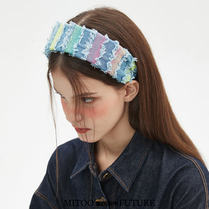 Original Colorful Frayed Denim Headband - Boho Chic Style, Perfect for Young Women