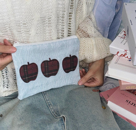 Original Pouch with Denim Fabric, Plaid Apple Embroidery, and Zip Closure - Casual, Vintage-Inspired Design, Perfect for Storing Makeup, Stationery, and Small Essentials for Women