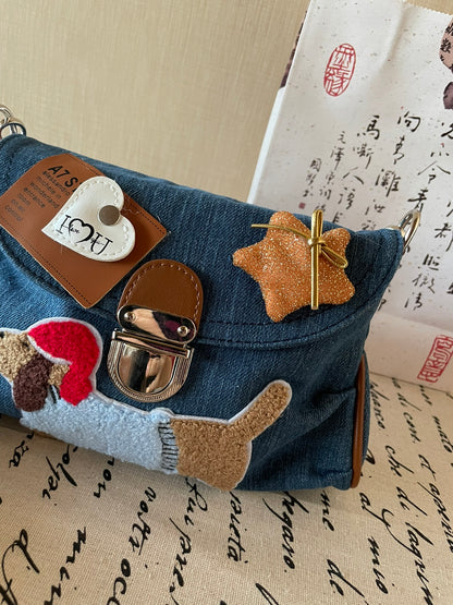 Original Denim Hand Bag with Dog Applique - Playful and Cute Design, Perfect for Daily Outings and Casual Activities  for Women